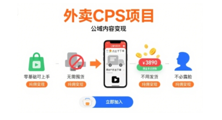 外卖 CPS 公域变现项目：零基础上手，纯佣模式无需囤货发货露脸