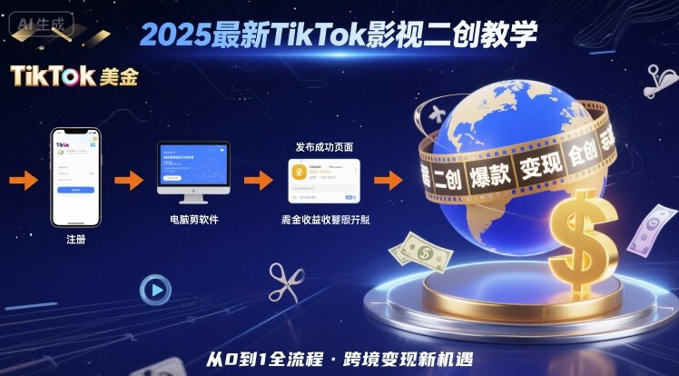 2025TikTok 影视二创课 注册到发布撸美金 跨境变现实操