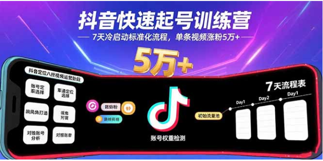 抖音快速起号训练营 7 天冷启动流程 单条视频涨粉 5 万 +