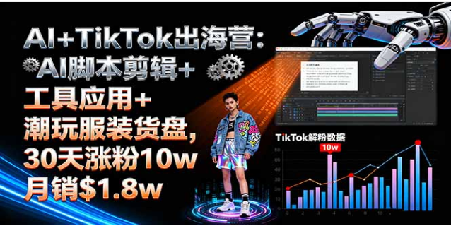 AI+TikTok 出海营 脚本剪辑 + 潮玩服装货盘 30 天涨粉 10w 月销 $1.8w