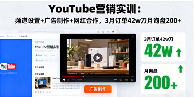 YouTube 营销实训课 频道设置 + 广告 + 网红合作 3 月订单 42w 刀