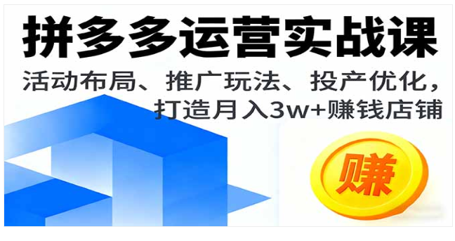 拼多多运营实战课 活动布局 + 推广玩法 + 投产优化 打造月入 3w 店
