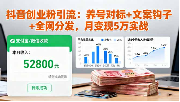 抖音创业粉引流变现实战课 养号对标文案钩子全网分发月入 5 万