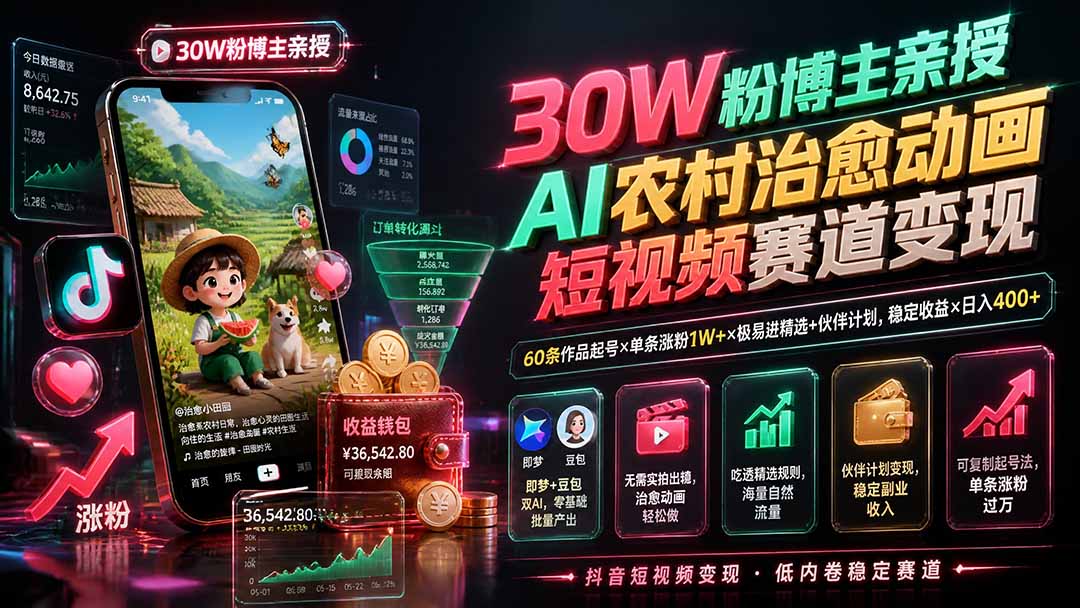 30W 博主分享 AI 农村治愈动画短视频 抖音伙伴计划精选流量起号实操