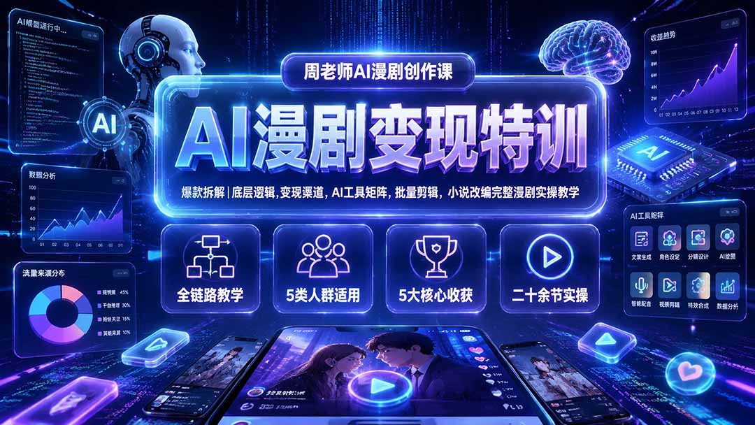 AI 漫剧变现特训 爆款拆解 AI 工具矩阵 小说改编漫剧批量剪辑实操教学