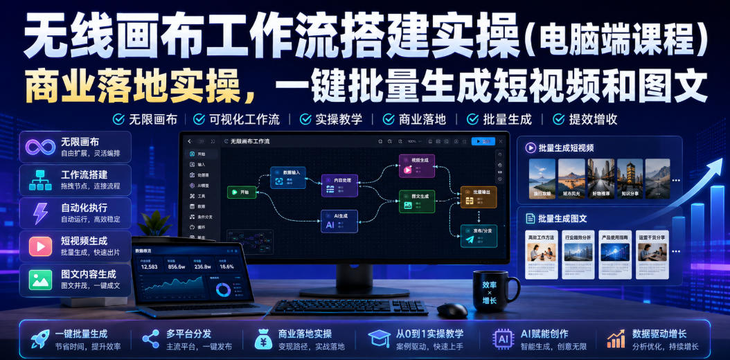 无线画布工作流搭建实操课 电脑端AI视频图文批量生成商业落地教程