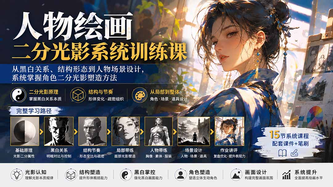 人物绘画二分光影系统训练课 掌握光影塑造方法