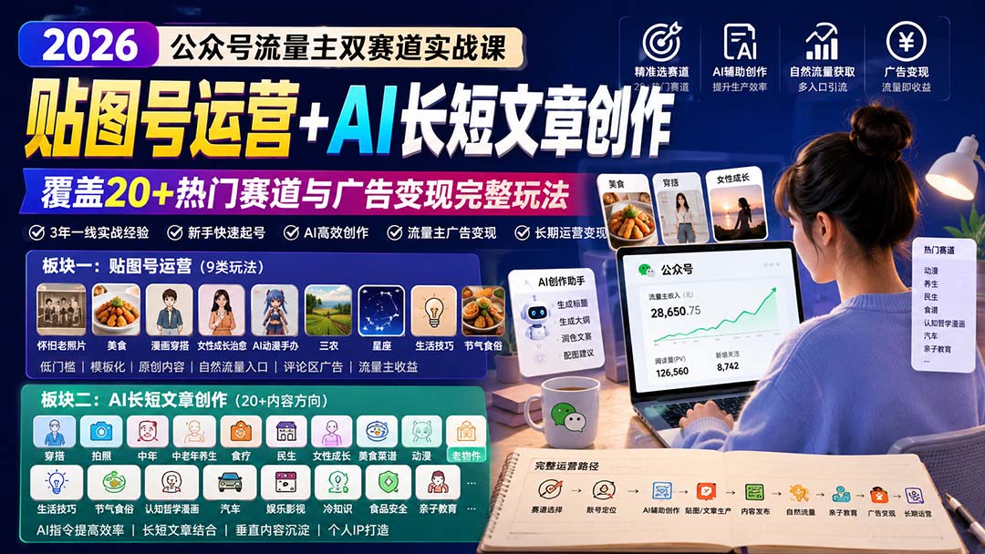 公众号流量主双赛道实战课 贴图号运营与AI创作教学