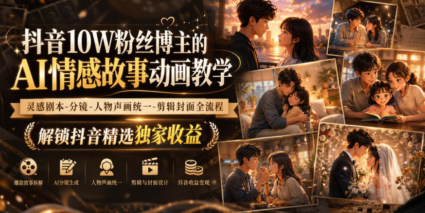 抖音10W粉博主亲授AI情感故事动画全流程教学