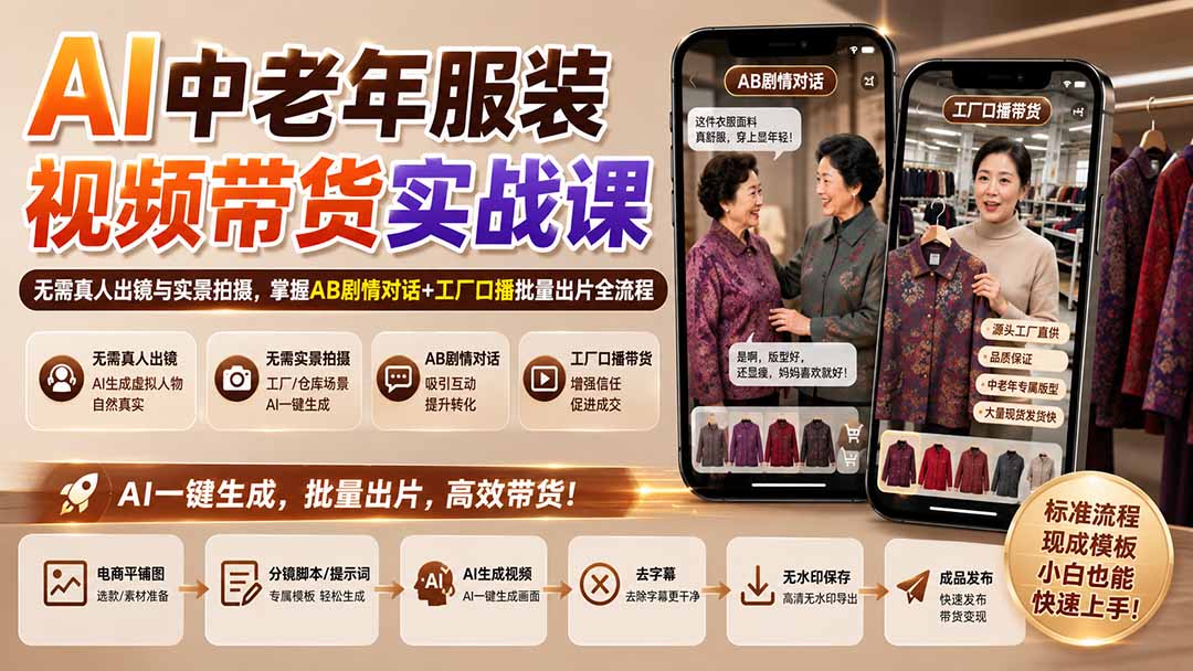 AI中老年服装视频带货课 无需真人实景拍摄教程