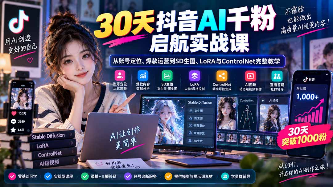 30天抖音AI千粉启航课：账号运营到AI技术实操