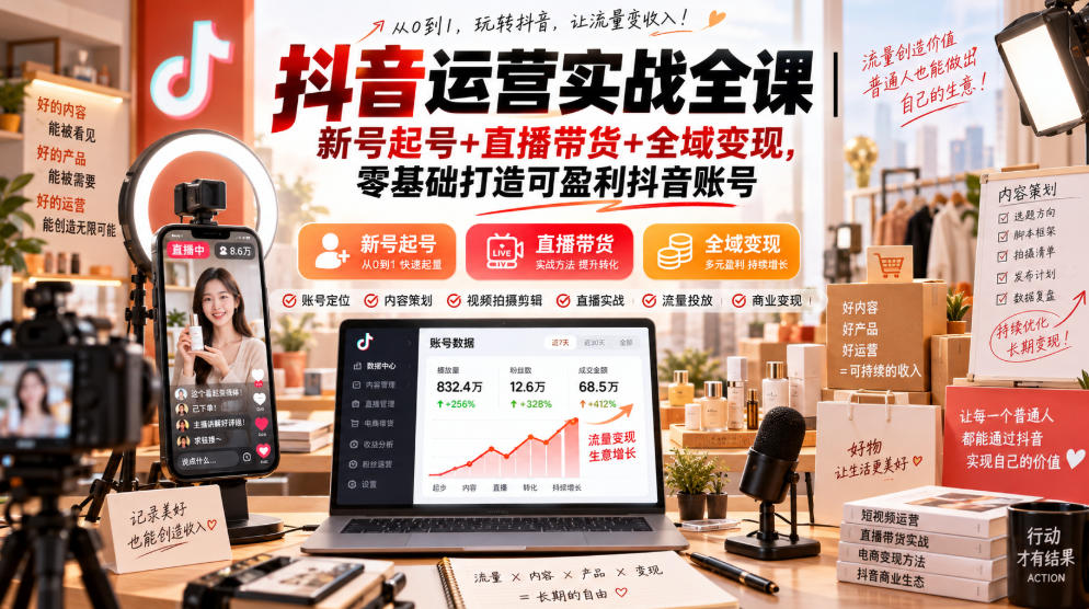 抖音运营实战全课 新号起号直播带货全域变现教程