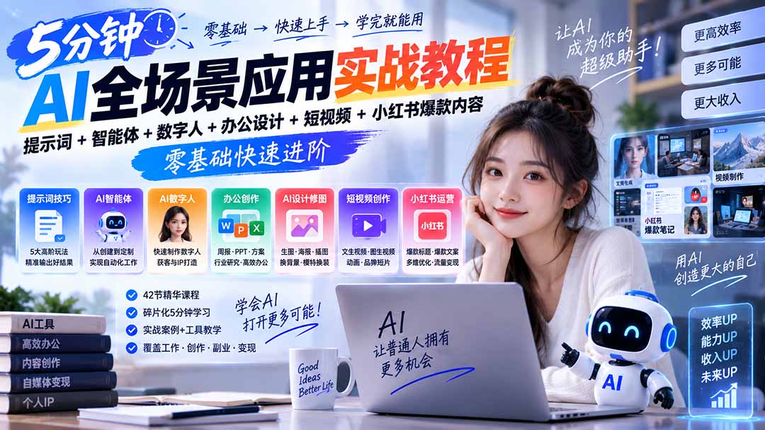 AI全场景应用实战教程覆盖办公视频小红书等多模块