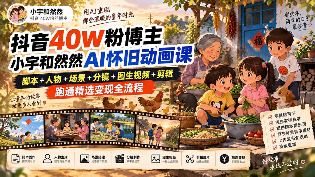 抖音小宇和然然AI怀旧动画全流程实操课程