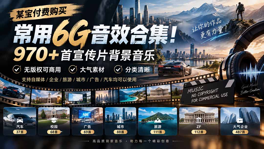 无版权可商用宣传片音效合集970+首6G素材