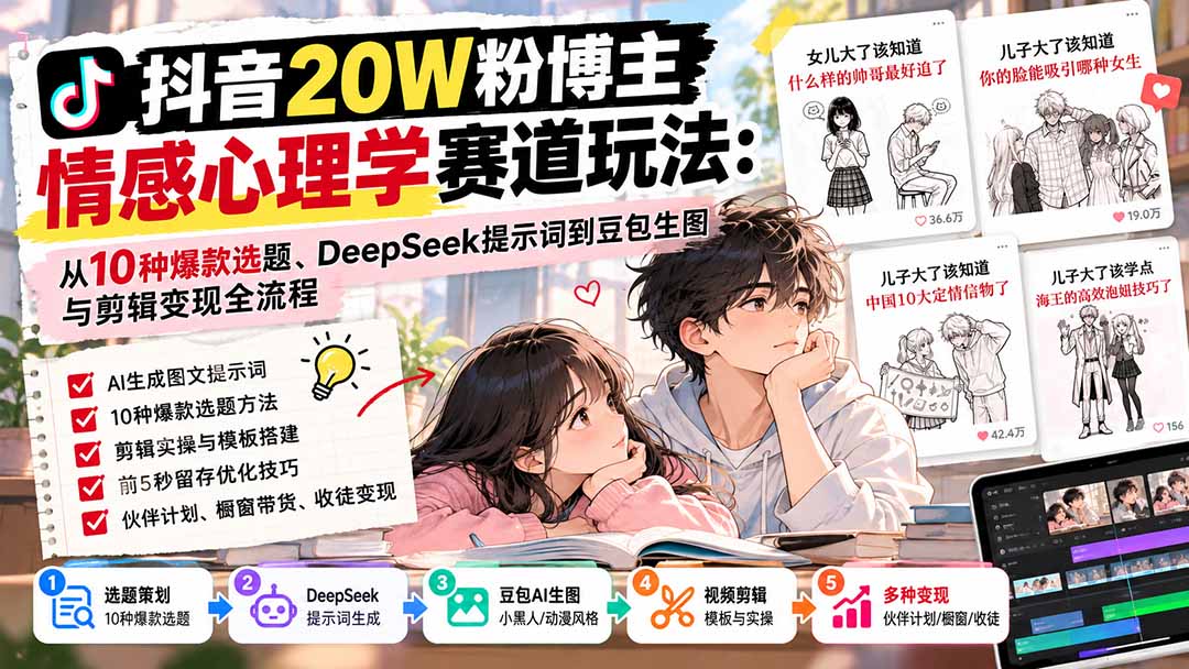 抖音情感心理学赛道：选题AI生成剪辑变现全流程