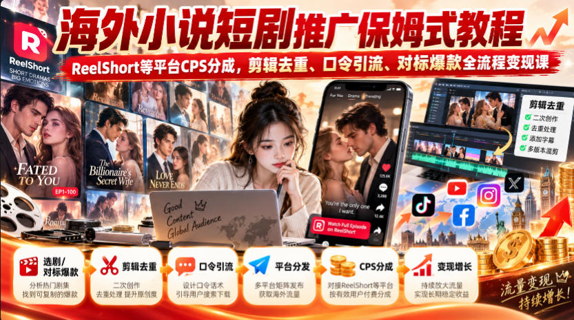 海外小说短剧推广CPS变现保姆式实操教程