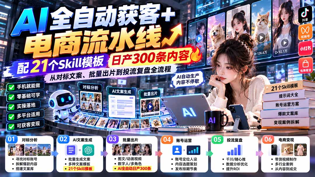 AI全自动获客电商流水线课程含21个Skill模板