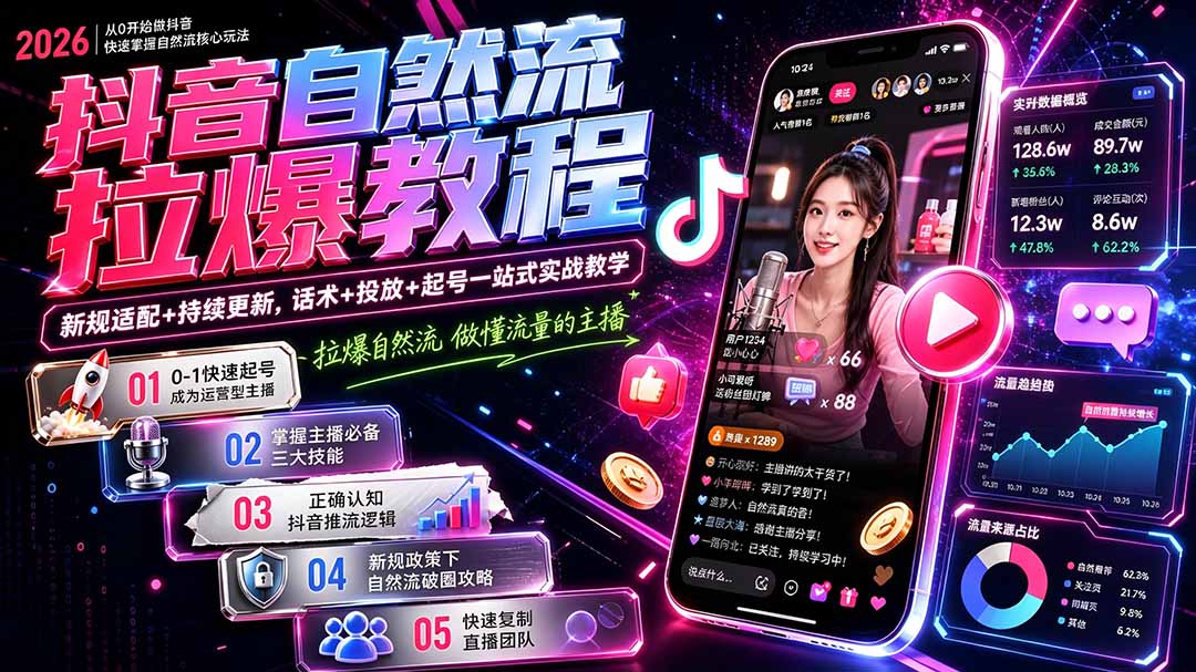 抖音自然流量破圈课 打造运营型主播 直播间流量爆发式增长