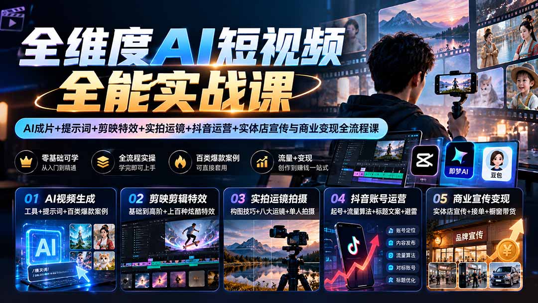 全维度AI短视频全能实战课覆盖制作运营变现全流程