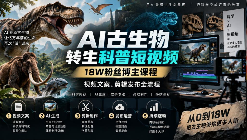 18W粉丝科普博主亲授AI古生物转生短视频实战课
