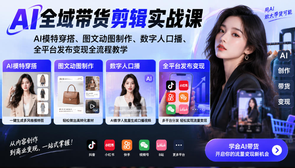 AI全域带货剪辑实战课覆盖多品类适配主流平台创作
