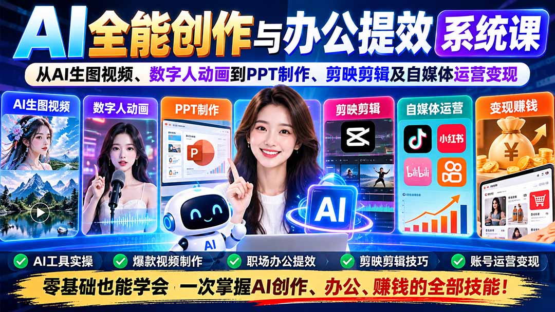 AI全能创作与办公提效系统课学习多元实用技能