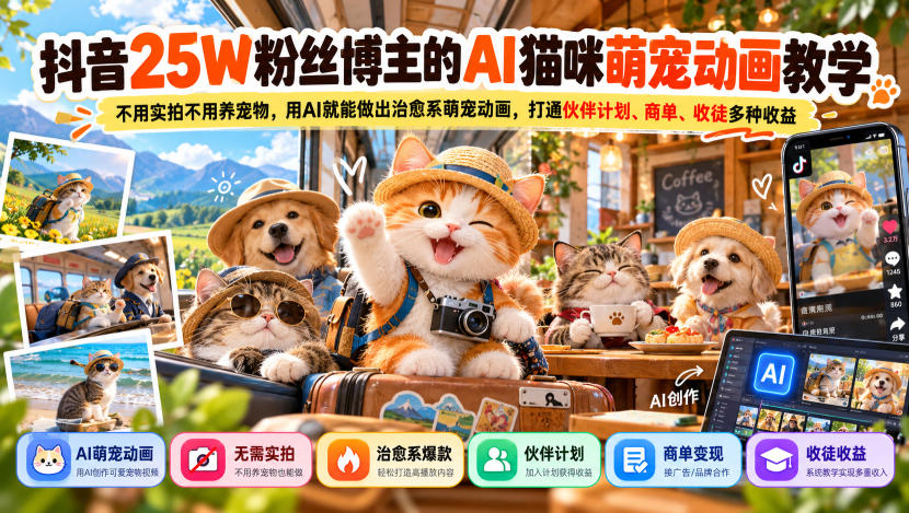 25W粉博主亲授AI萌宠动画实战课无需实拍养宠