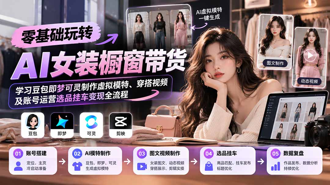 AI女装橱窗带货从0到1实操课多工具配合学习