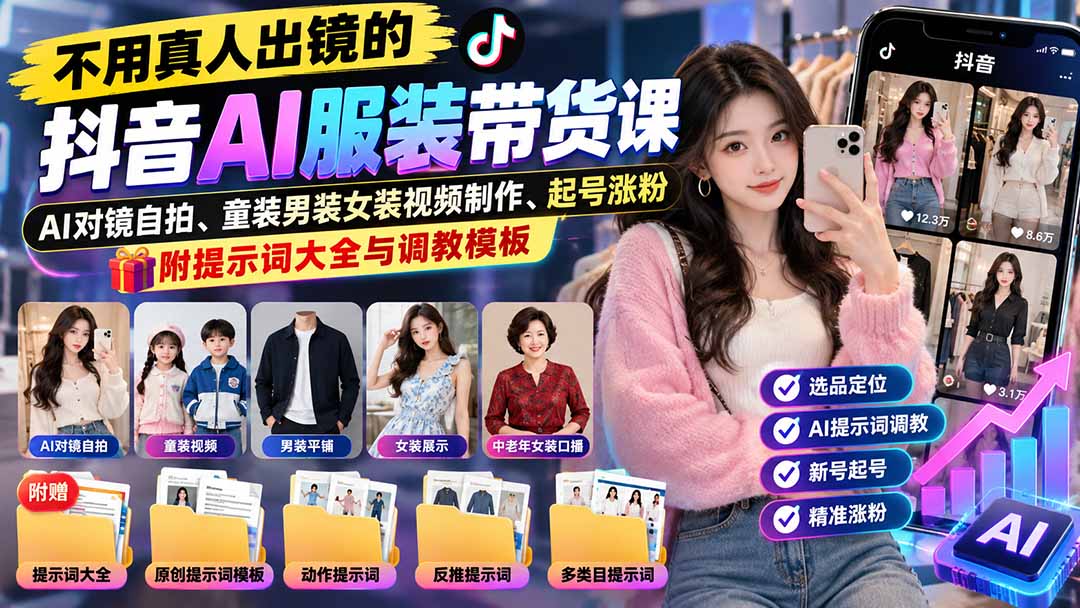 抖音AI服装带货实战课：无需真人出镜，附提示词资料