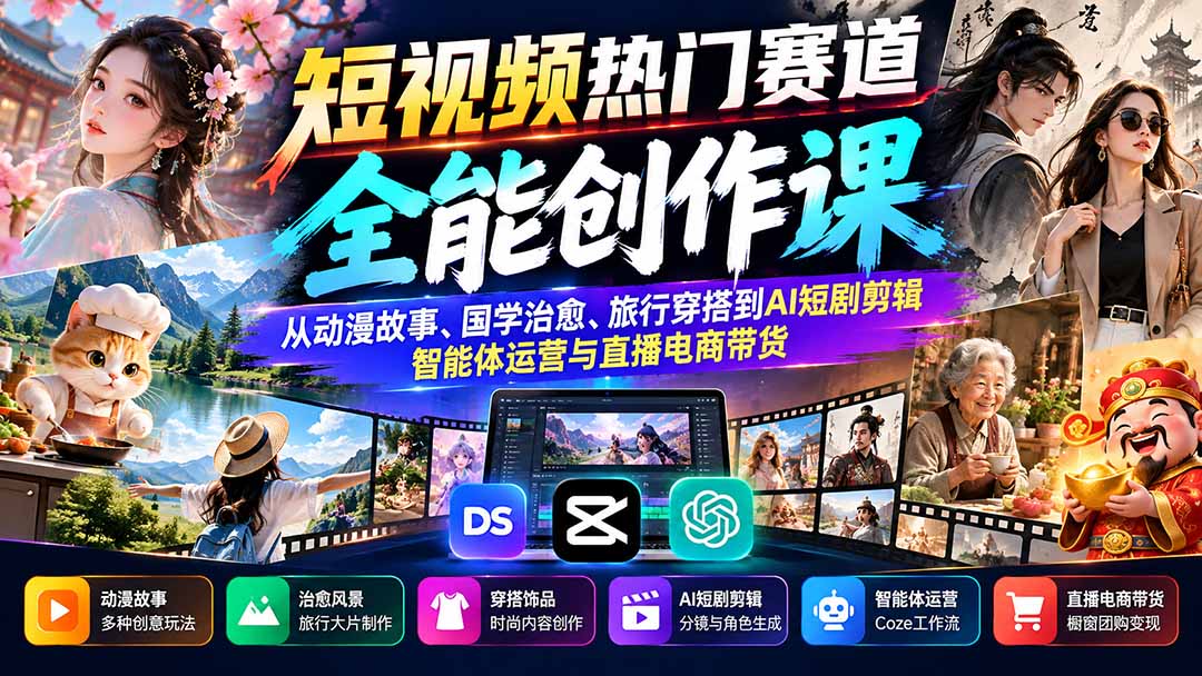 短视频全能创作课：覆盖多赛道AI创作与带货实操