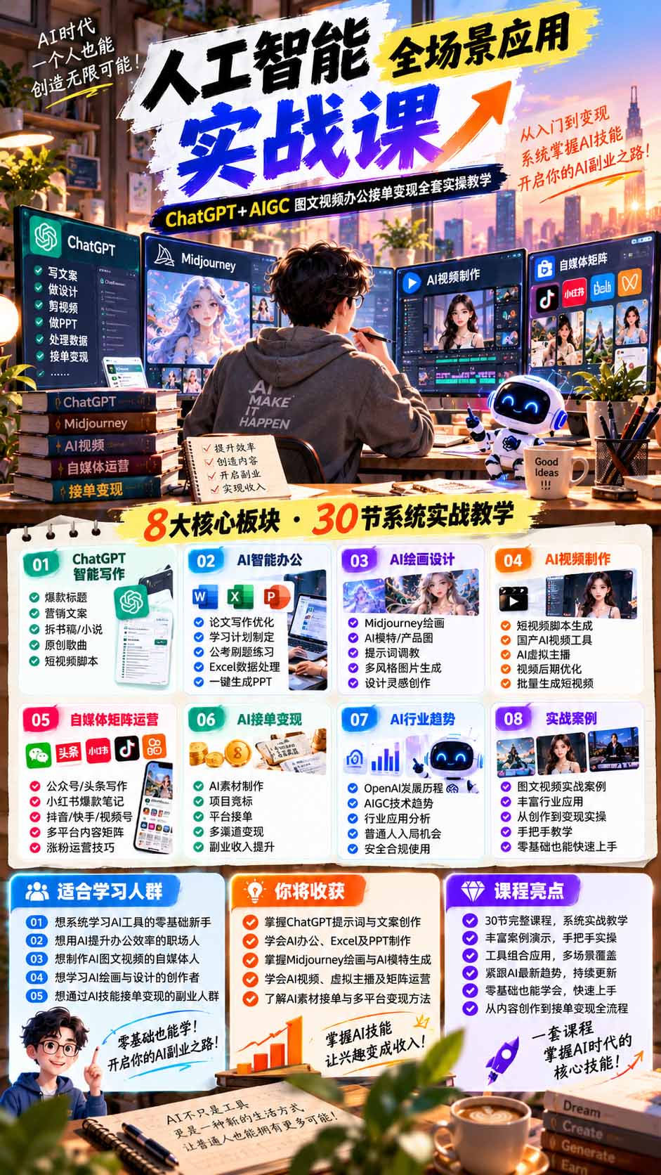 AI全场景应用实战课：含ChatGPT绘画及自媒体运营