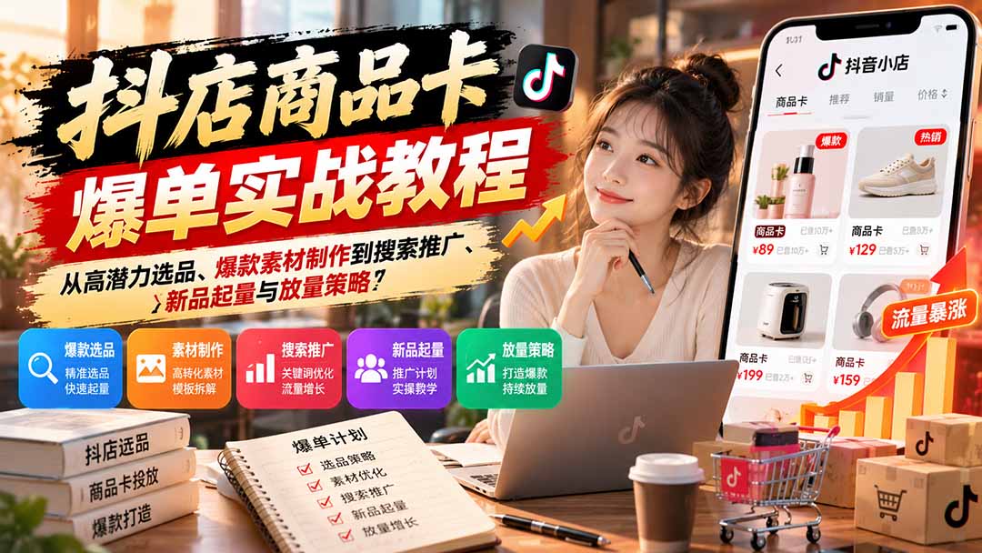 抖店商品卡爆单实战：选品素材到推广全实操教学